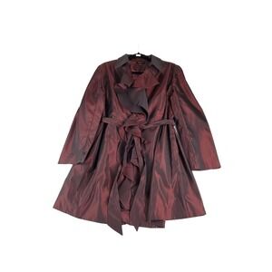 Jerry T Jacket Womens Large Burgundy  Belted Trench Coat Long Sleeve